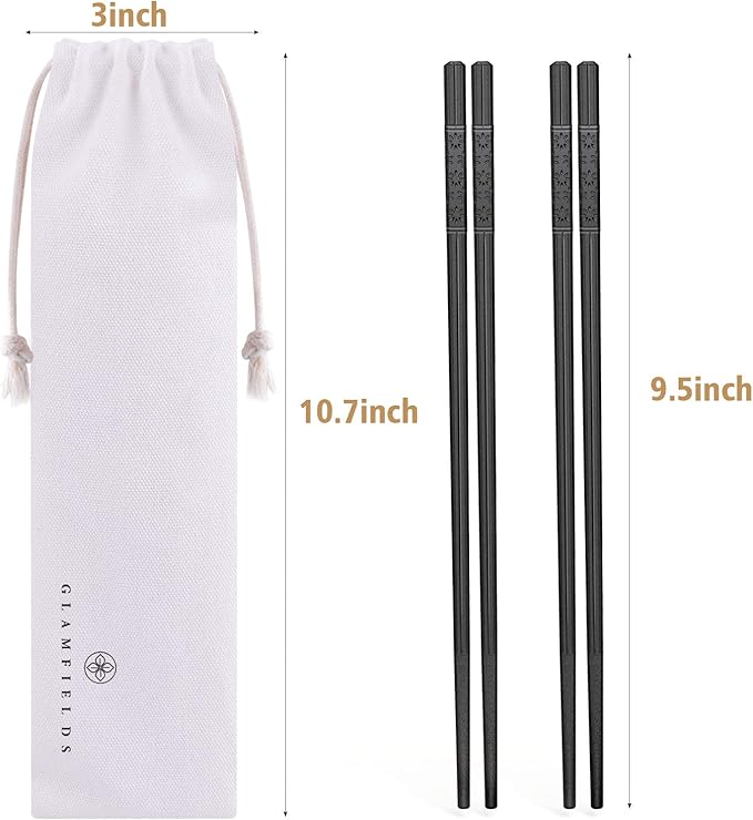 5 Pairs Fiberglass Chopsticks, GLAMFIELDS Reusable Japanese Chinese Chop sticks Dishwasher Safe, Non-slip, 9 1/2 inches - Black with Multi-purpose Drawstring Bag Carrying Case