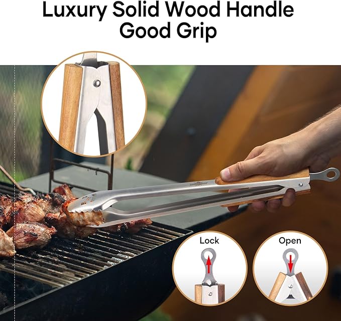 25-Inch Very Long Stainless Steel BBQ Tongs with Extended Luxurious Acacia Handle – Durable and Easy-to-Clean Grilling Tool for Cooking, Kitchen Use, and Outdoor Barbecues