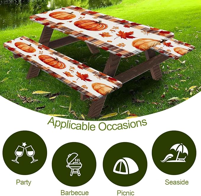 CAPSCEOLL Elastic Picnic Table Cover with Bench Covers 5Ft Waterproof Fitted Picnic Table Cover Cloths for Outdoors Camping Tablecloth with Drawstring Bag, 60X30in, Pumpkins Leaf