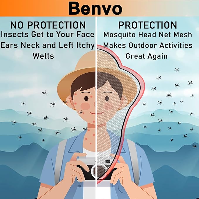Benvo Mosquito Head Net Mesh, Face Neck Fly Netting Hood from Bugs Gnats Noseeums Screen Net for Any Outdoor Lover- with Carry Bags Fits Most Sizes of Hats Caps (2pcs, Light Grey, Updated Big Net)