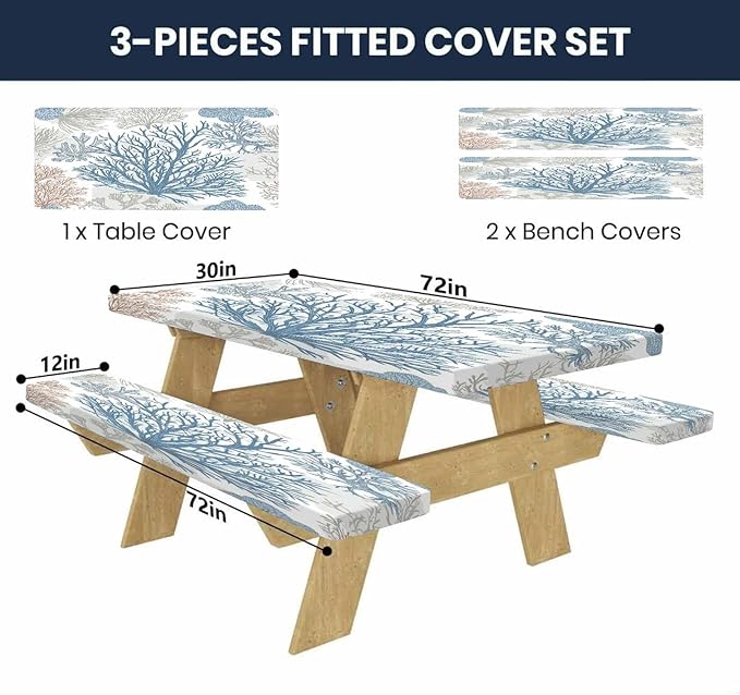 CAPSCEOLL Fitted Picnic Table Cover with Bench Covers with Elastic 6Ft Waterproof Camping Picnic Table Cover Cloths for Outdoors Camping Tablecloth with Drawstring Bag, 72X30in, Blue Sea