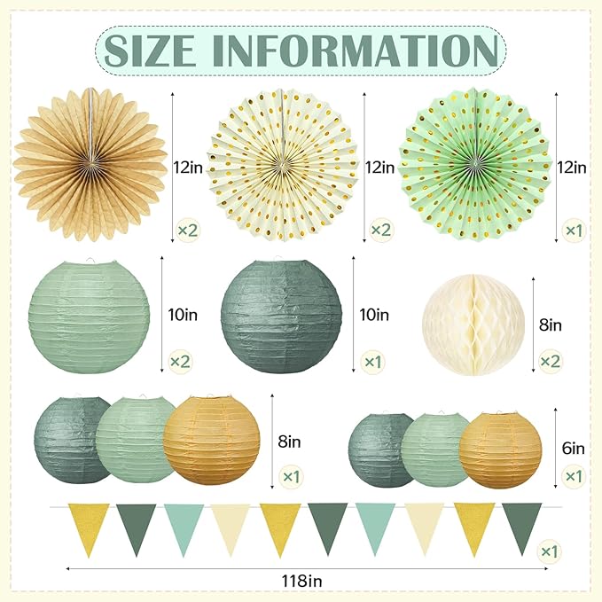 17Pcs Sage Green Party Decorations, Sage Green Gold Cream Paper Lanterns Paper Fans for Baby Shower Birthday Wedding Engagement Bridal Shower Party Decorations