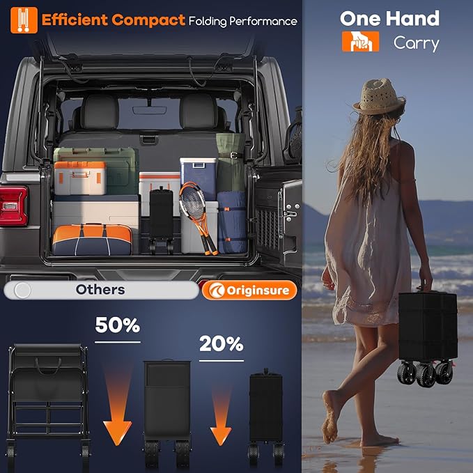 38" L Collapsible Wagon Cart Foldable, 360LB Load Capacity 220L Heavy Duty Folding Beach Wagons with All-Terrain Wheels, Utility Carts for Camping, Sports, Shopping, Groceries - Black