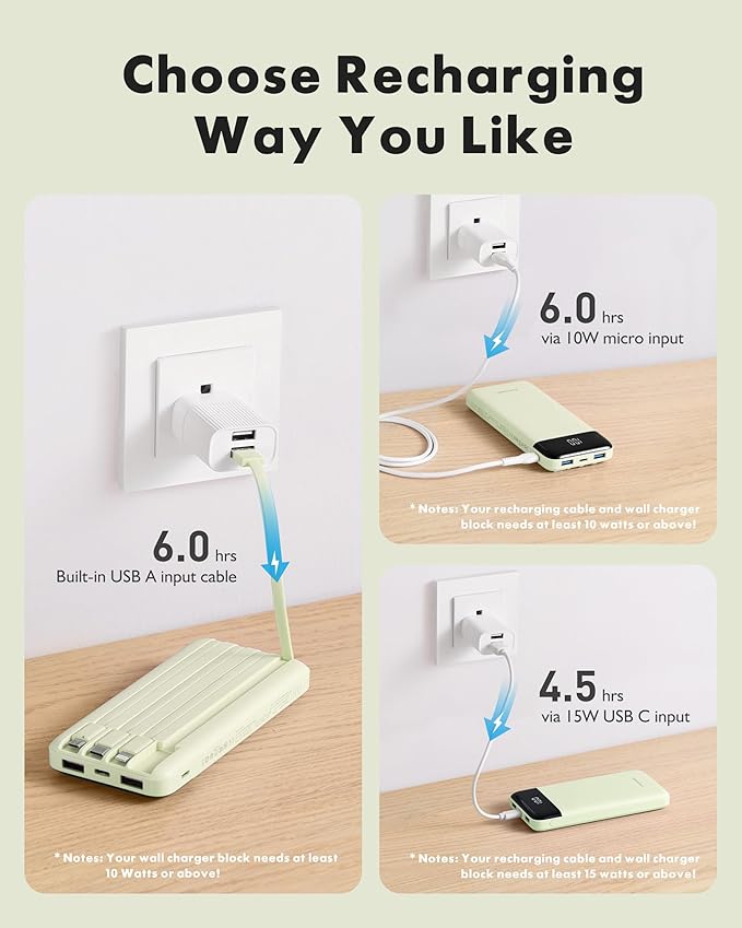 Charmast Portable Charger with Built in Cables, Power Bank with Cords Wires, Slim 10000mAh Travel Battery Pack 6 Outputs 3 Inputs 3A Fast Charging for Samsung Google Pixel LG Moto iPhone iPad