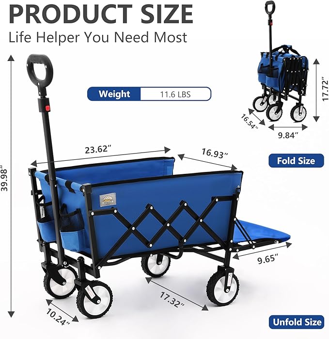 Folding Wagon Cart with Wheels and Tailgate, 330 lbs 120 l Capacity, Adjustable Handle, Portable Collapsible Utility Wagon Cart for Groceries, Outdoor Camping, Shopping, Garden (Blue)