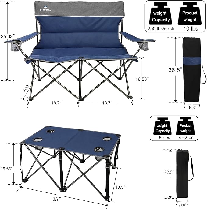 Camping Chair Set of 3, Outdoor Folding Camping Chairs for Heavy People with Cup Holder & Carry Bag,Collapsible Chair Include One Sofa Chair and Two Single Chair,Support up to 500lbs