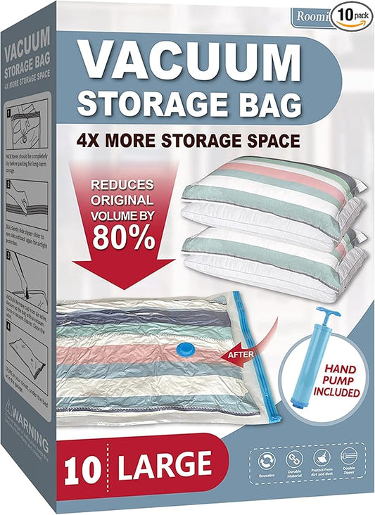 10 Large Vacuum Storage Bags with Hand Pump, Large Vacuum Seal Bags for Clothing, Space Saver Bags for Travel Lugggage, Blankets, Comforters