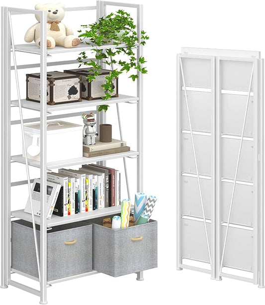 4NM No Assembly Folding Bookshelf, 5-Shelf 62.2" H Collapsible Foldable Bookcase Storage for Small Spaces, All White