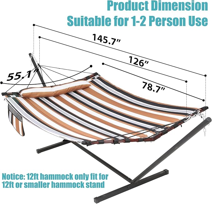 TegerDeger 12FT 2 Person Hammock with Stand Included 55 x 79IN Large Hammock 450LB Capacity with V Shaped Hardwood Spreader Bar & Nylon Rope for Outside, Patio, Garden, Backyard, Beach- Coffee Stripes