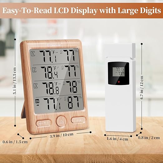 Geevon Indoor Outdoor Thermometer Wireless with 3 Remote Sensors, Digital Hygrometer Indoor Thermometer, Temperature Humidity Monitor Gauge with 200FT/60M Range (Wooden)