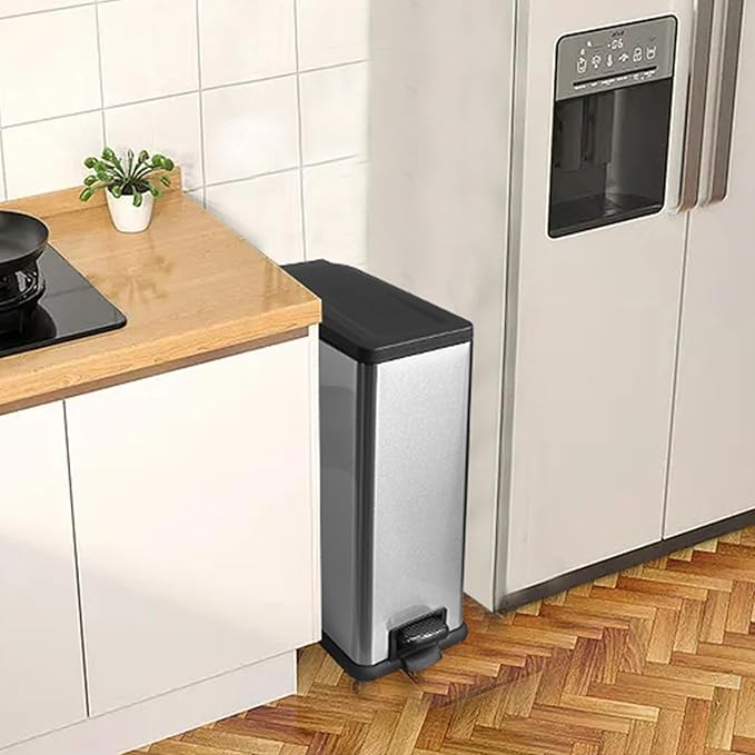12 Gallon Trash Can with Lid，45L Kitchen Garbage Can,Stainless Steel Trash Can for Narrow Spaces with Soft-Close Lid, Inner Bucket, and Step-on Pedal
