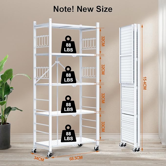 Himix 5-Tier Storage Folding Shelf with 20 Hooks, 4 Wheels, and Adjustable Feet, Stainless Steel