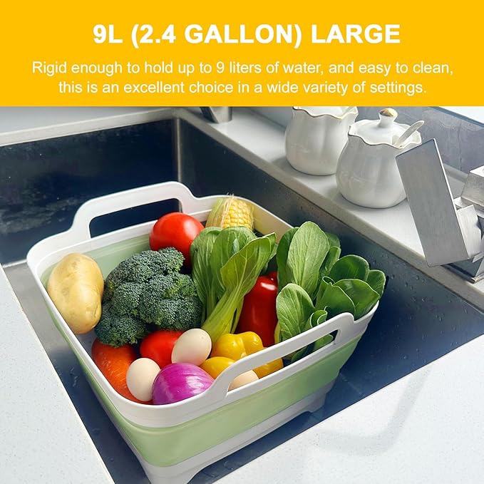 Collapsible Dish Tub 9L-Collapsible Basin Bucket Portable Sink-Outdoor Multiuse Foldable Sink Tub Wash Dish Basin for Kitchen Basin RV Camping (Green)