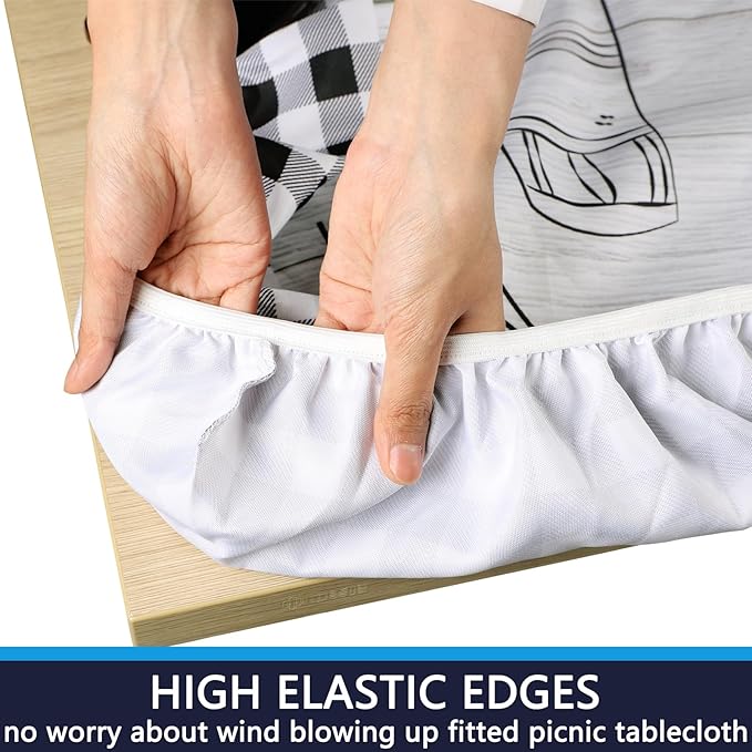 famibay 3 Piece Picnic Table Cover with Bench Covers Checkered Camping Tablecloth Fitted Picnic Table Covers with Elastic Windproof Waterproof Fabric Reusable Camping Table Covers(12" x72"+30" x72")