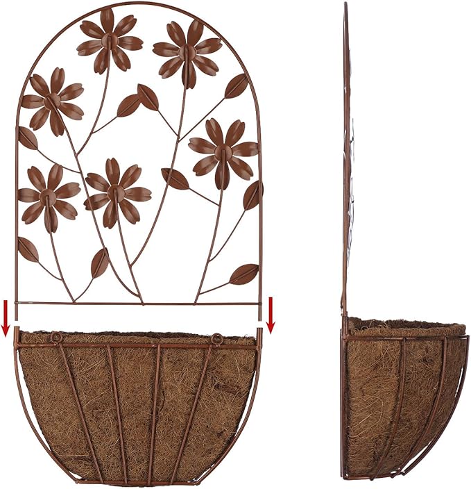 BAYN 2PKs Wall Hanging Planter Decor Art with Flower, Metal Wall Mounted Planters Indoor Outdoor Wall Planter for Succulent Herb Home Garden Yard