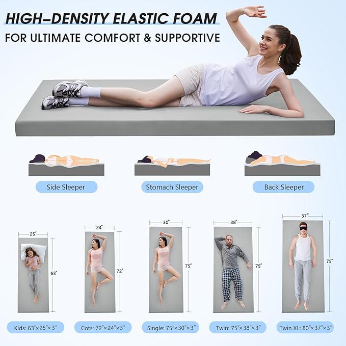 CYMULA Memory Foam Camping Mattress Pad,3inch Sleeping Pad for Camping,Non-Slip Bottom Floor Cot Car Mattress Bed with Retaining Portable Roll up Mattress Pad Mat for Travel Truck Guest Bed Tent