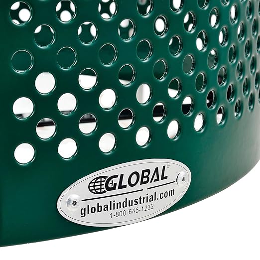 Global Industrial 32 Gallon Outdoor Perforated Steel Round Trash Can with Rain Bonnet Lid, Plastic Liner and Anchor Kit Included, 23-1/2" Diameter x 40-1/2"H, Green