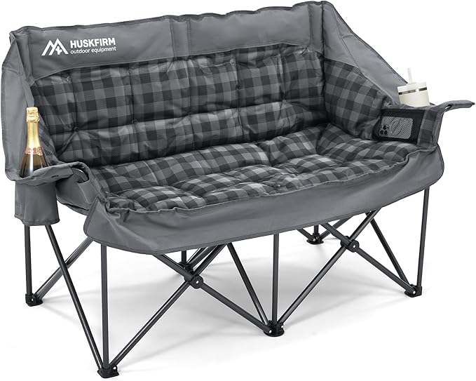 Double Camping Chairs Padded Loveseat Chair for 2 Person - Heavy Duty Oversized Camping Couch for Adults Outdoor Lawn Beach - Portable Folding Sofa with Cup Holders and Carry Bag, Grey