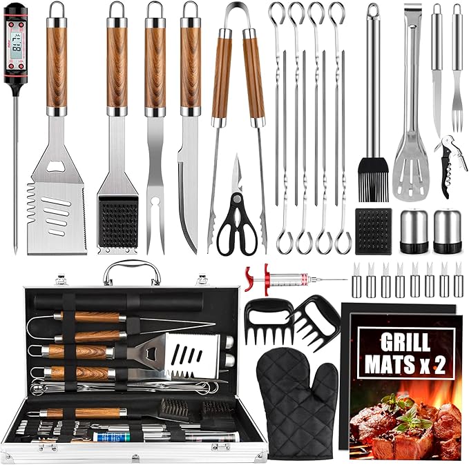 BBQ Grill Accessories Set, 38Pcs Stainless Steel Grill Tools Grilling Accessories with Aluminum Case, Thermometer, Grill Mats for Camping/Backyard Barbecue, Grill Set for Men Women