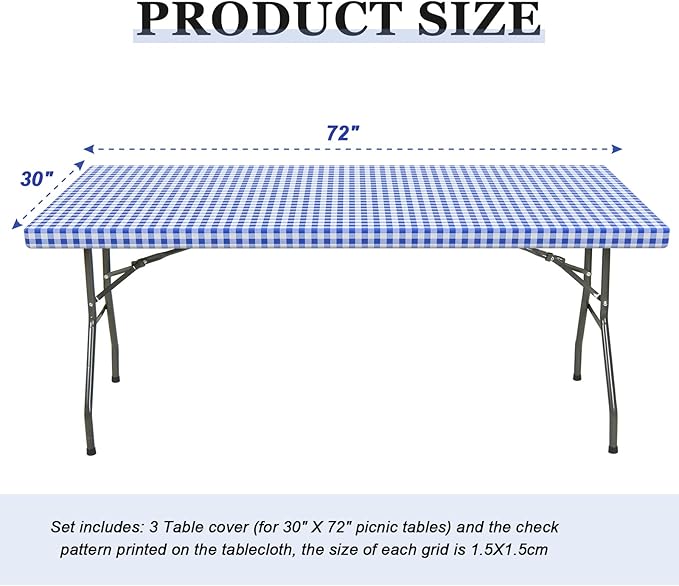 3 Pcs Plastic Picnic Table Cover Checkered Tablecloth Fitted Rectangular Table Cloth 30 x 72 Inch Vinyl Waterproof Flannel Backed with Elastic Rim for Indoor Outdoor Picnic Party(Blue and White)