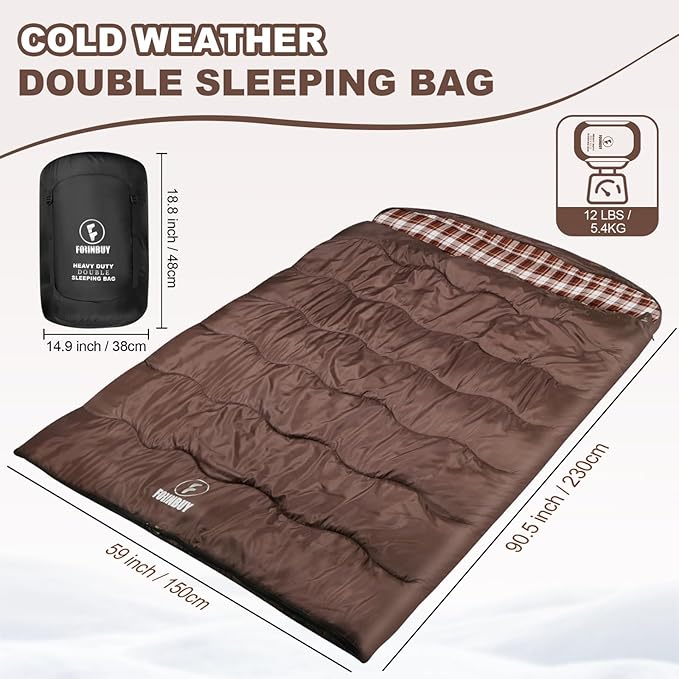 0 Degree Flannel Double Sleeping Bag for Adults, Couples or Family - Winter Queen Size Waterproof & Warm 2-Person Sleeping Bag for Cold Weather Camping, RV Travel