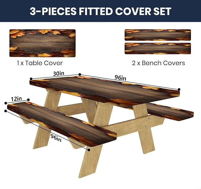 CAPSCEOLL Fitted Picnic Table Cover with Bench Covers with Elastic 8Ft Waterproof Camping Picnic Table Cover Cloths for Outdoors Camping Tablecloth with Drawstring Bag, 96X30in, Brown Wood