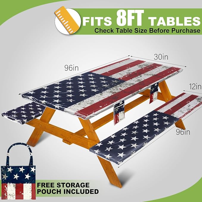 Fitted Picnic Table Cover with Bench Covers Waterproof Elastic Edges Rectangle Patio Tablecloth Outdoor Camping Essentials Stuff Rv Accessories Summer Trip Travel Camper Gifts for Woman Men, 96in 8 ft