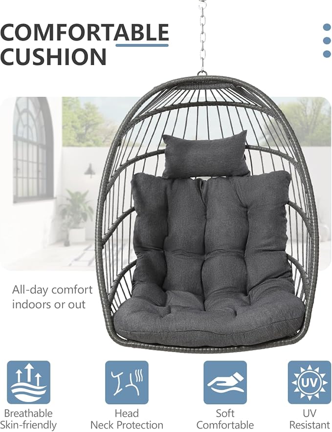 SWITTE Egg Chair Outdoor with Stand, Indoor Wicker Hanging Egg Swing Chair with Cushion, 350lbs Capacity for Patio, Bedroom, Garden - Dark Grey