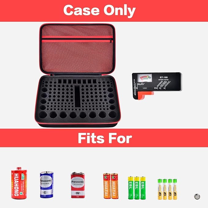 casmilee Battery Organizer & Storage Case with Tester for 162+ AA AAA 4A C D 9V 3V Lithium LR44 CR2 CR123 CR1632 CR2032 18650 Button - Batteries Not Included (Red)