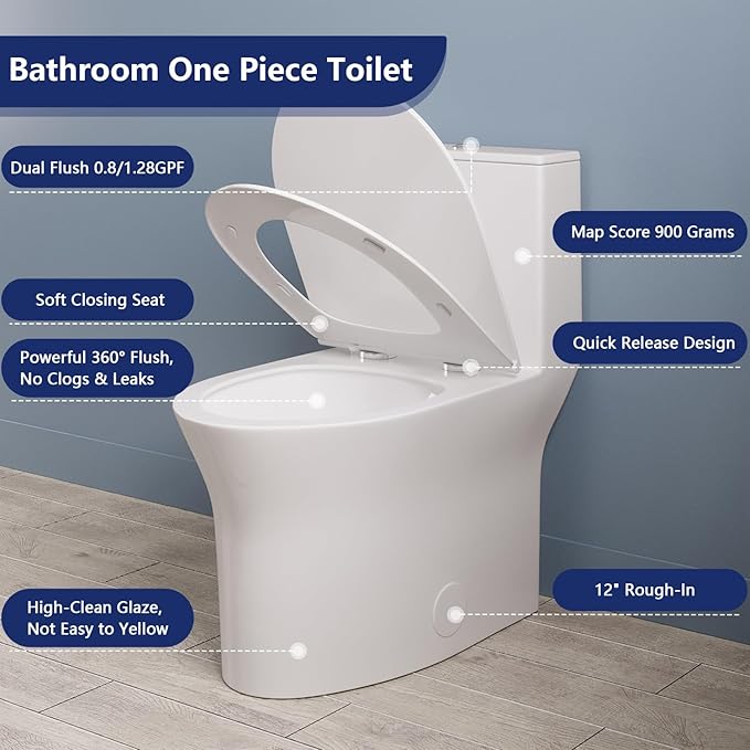 DeerValley Compact One Piece Toilet with Comfortable Seat Height, Modern Standard Toilet for Bathroom, Dual Flush 0.8/1.28 GPF and MAP 900g, 12'' Rough-In Skirted Toilet, DV-1F0250