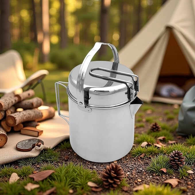 Homaisson Firemaple Stainless Steel Camping Pot Set, Outdoor Cooking Pot with Lid and Bowl Function, Compact Cookware Kit for Hiking, Backpacking, Bushcraft, Open Flame Cooking, Survival Use