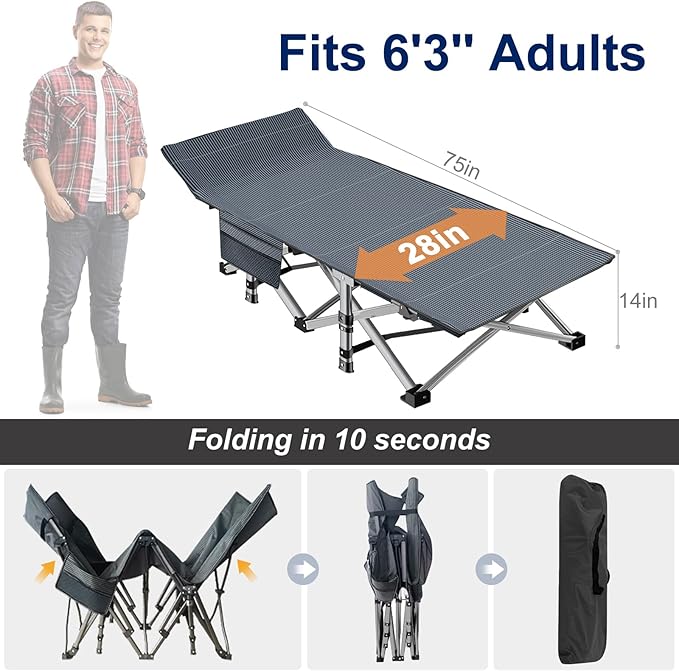 ABORON Folding Camping Cot W/Mat for Adults, Heavy Duty Outdoor Bed with Carry Bag,1200 D Layer Oxford Travel Camp Cots