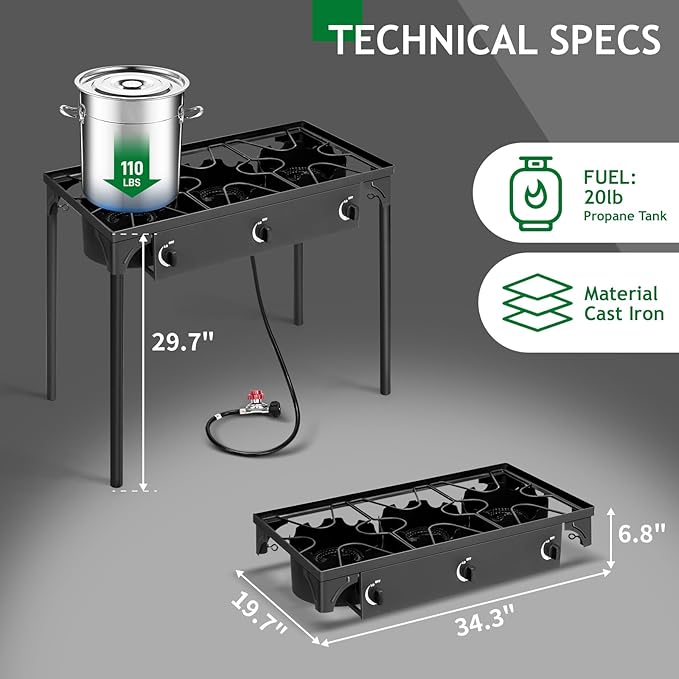 Outvita 3 Burner Propane Gas Stove for Outdoor Cooking, 225,000 BTU Camping Cooker with Removable Legs, Temperature Control Knobs for Backyard Cooking, BBQ, Baking and Frying