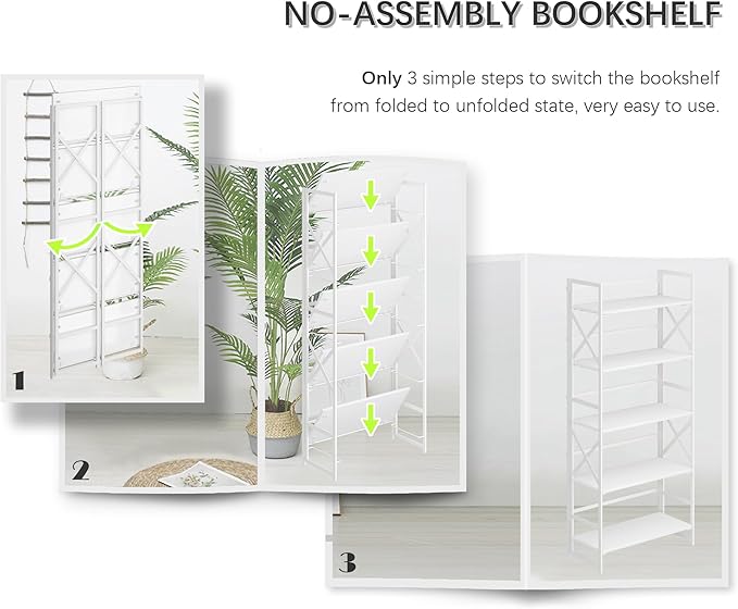 4NM 6 Tiers No Assembly Book Shelves, 61.8" H Folding Bookshelf Bookcase Open Industrial Foldable Shelves for Bedroom, Living Room, Home Office - All White