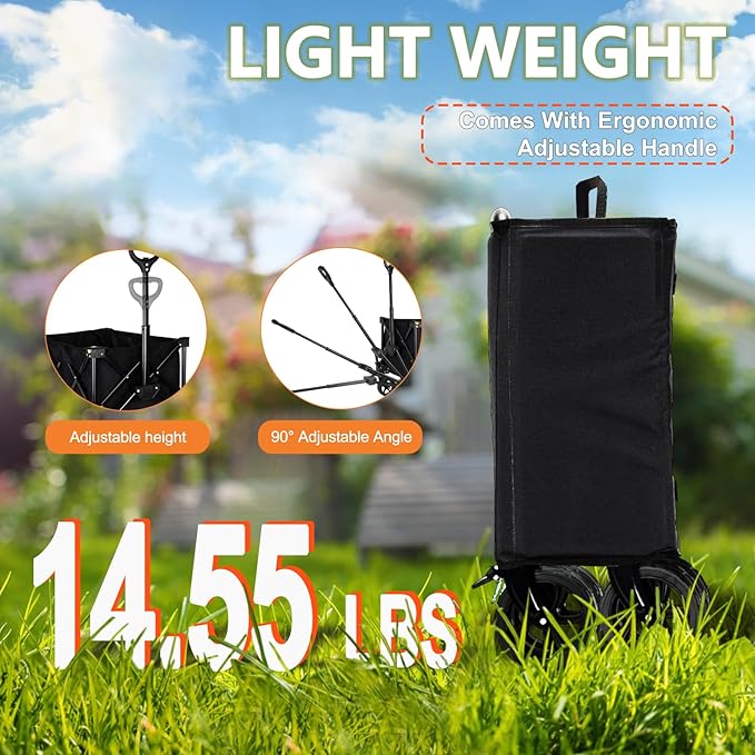 Collapsible Wagon Cart with Brake, Foldable Wagon Cart with All Terrain Wheels, Large Grocery Carts On Wheels, Heavy Duty Utility Wagons for Shopping Beach Sports Fishing Camping, 110L, Black