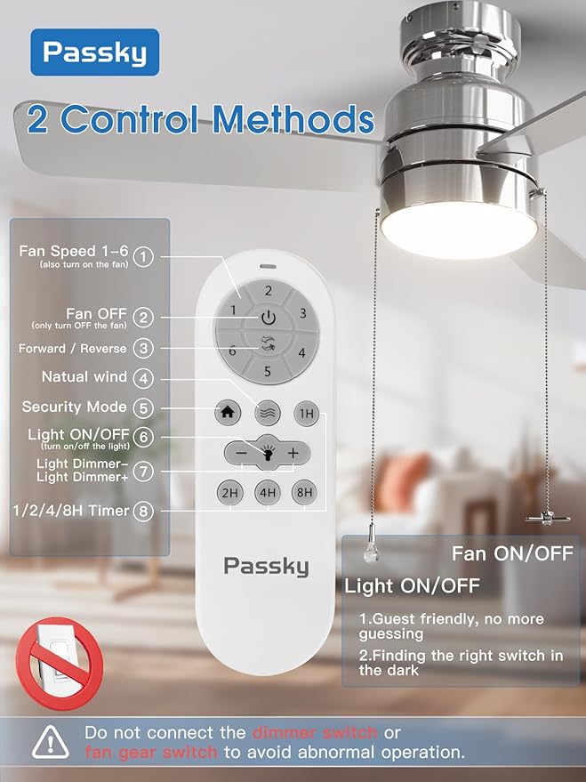 Ceiling Fans with Lights, 42 inch Low Profile Ceiling Fan with Pull Chain and Remote Control, Flush Mount, Reversible, 5CCT, Dimmable, Noiseless, Nickel Pull Cord Ceiling Fan for Bedroom