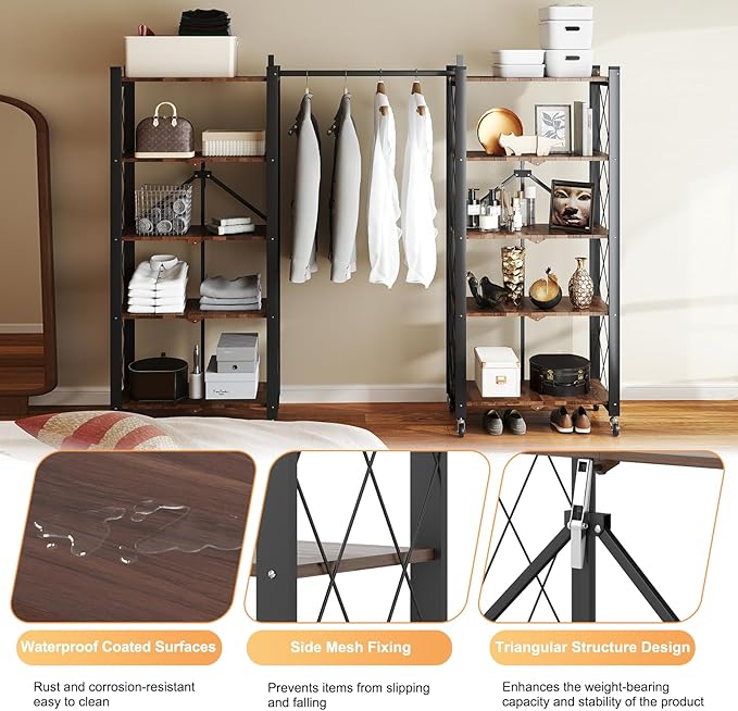 5-Tier Foldable Storage Shelves with Wheels, Folding Metal Shelf Unit, Folding Bookshelf no Assembly, Collapsible Shelves for Craft Shows for Kitchen, Bedroom, Living Room, Rustic Brown