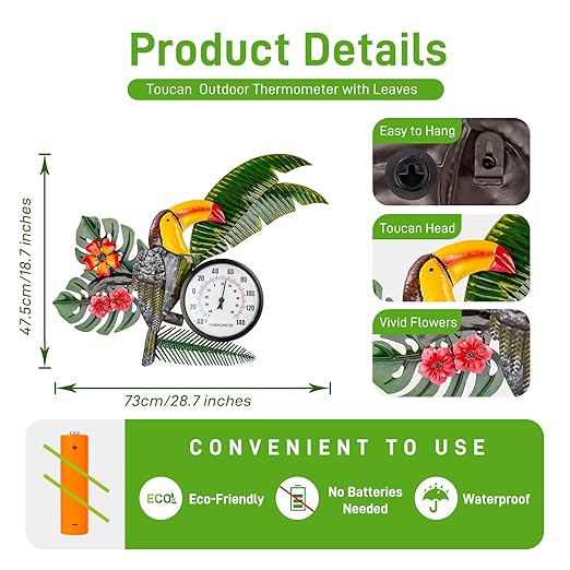 27" Outdoor Thermometer, Large Thermometer Outdoor Waterproof, Toucan Decorative Outdoor Thermometers for Patio, Home, Backyard, Living Room