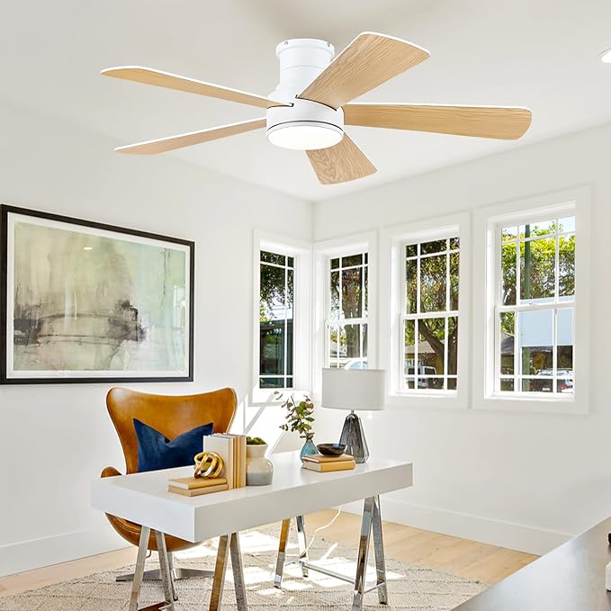 Ceiling Fans with Lights,46-Modern Low Profile Ceiling Fan with Remote Control,5 Dual-Sided Blades,Reversible DC Motor,White Flush Mount Ceiling Fan for Bedroom Indoor/Outdoor Use