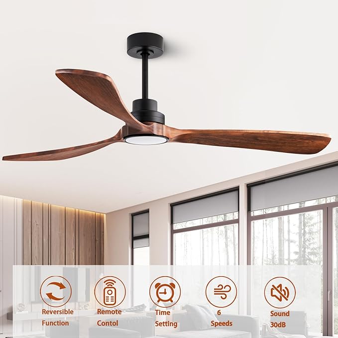 60" Ceiling Fans with Lights with Remote Control, Indoor Outdoor Wooden Ceiling Fan with 3 Wooden Blades for Patio, Living Room, Office, Farmhouse, etc. (Black + Walnut)…
