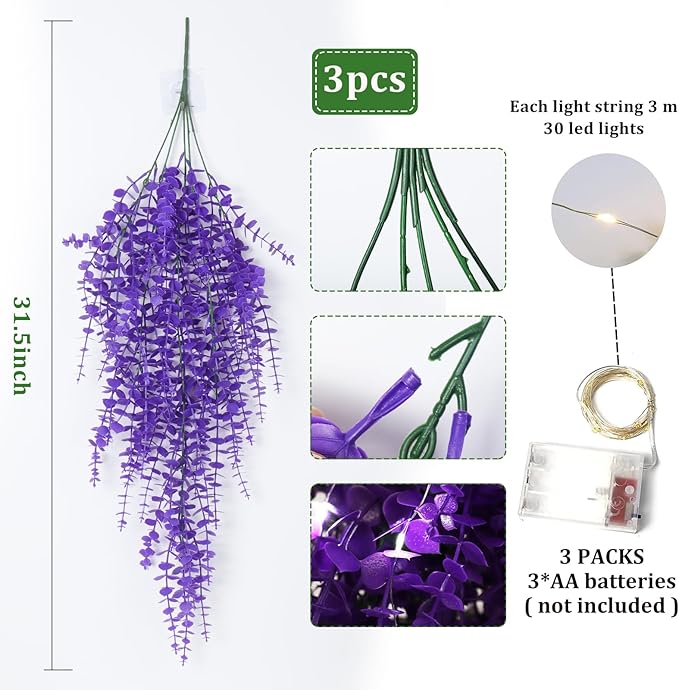 Artificial Plants Lighted Artificial Hanging Plants Fake Money Plants Outdoor UV Resistant Plastic Plants Fake Plants for Outside Home Garden Wedding Party Indoor Backgarden Decorations(Pure Purple)