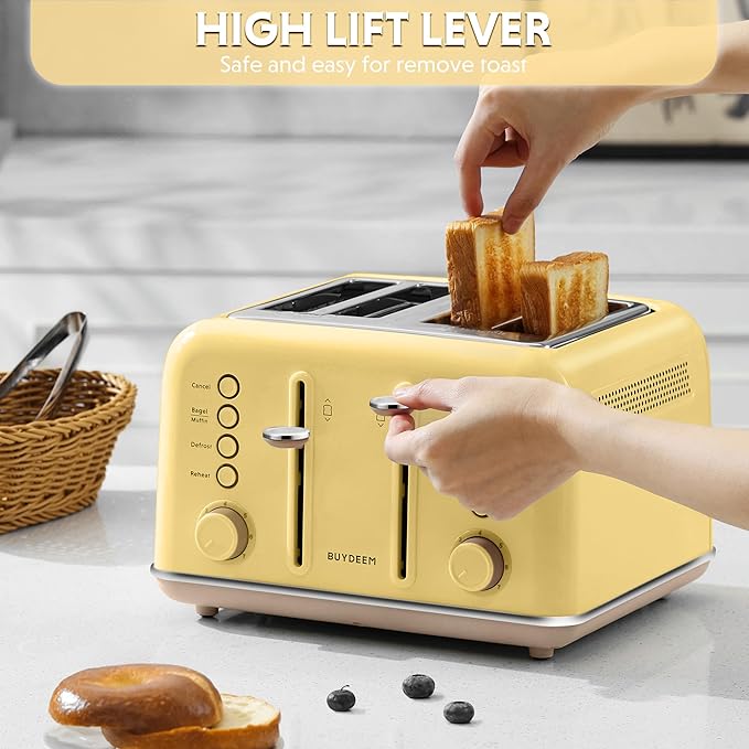 BUYDEEM DT640 Retro 4 Slice Toaster, 7 Shade Settings, Extra Wide 1.5'' Slots, Stainless Steel Toaster with Bagel Muffin Defrost Reheat Function, Yellow