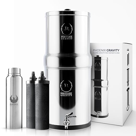 Gravity Water Filter System 2.25 Gallons NSF Certified - AISI 304 Stainless Steel Countertop Water Filtration with 2 Smart (Black) Carbon Filter Elements & Stainless Steel Water Spigot