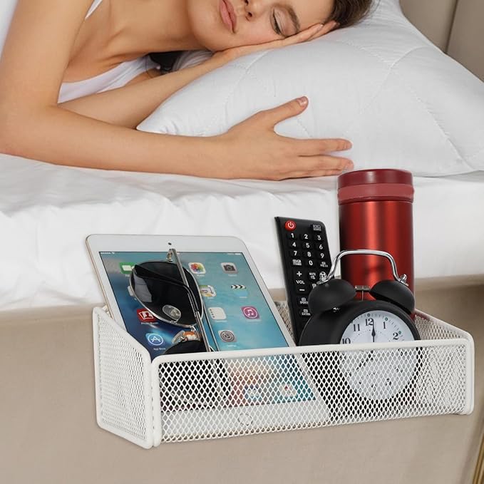Bedside Shelf Bunk Bed Organizer Shelf Hanging Storage Metal Basket Phone Holder for Bedroom,Dorm,Office - Easy Use for Both Adult and Kids (White)