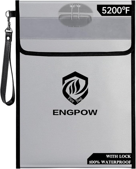 ENGPOW Fireproof Document Bag with Lock (5200℉),15”x 11” Fireproof Money Pouch with Zipper, Fireproof File Safe Storage Organizer Holder for Valuables,Cash,A4 Legal Important Documents and More