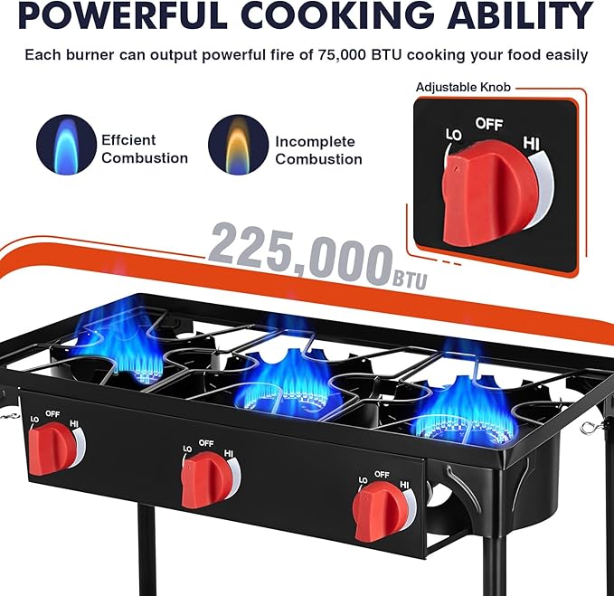 Llamaviva 3 Burner Gas Stove, Propane Outdoor Stove with Removable Legs,Auto Ignition Button&Regulator, 225,000 BTU,Propane Burners for Outdoor Cooking, Camping&BBQ Cookouts
