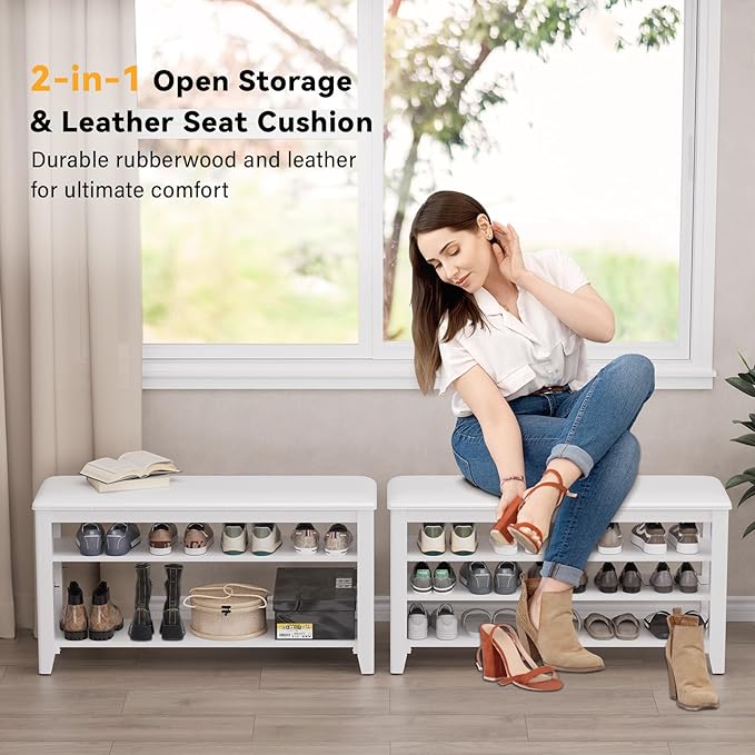 Entryway Shoe Storage Bench with Leather Cushion, Shoe Organizer Bench for Entryway, Ideal for Hallways Front Doors Entrances Mudrooms Featuring Rubberwood And 3 Height-Adjustable & Removable Shelve