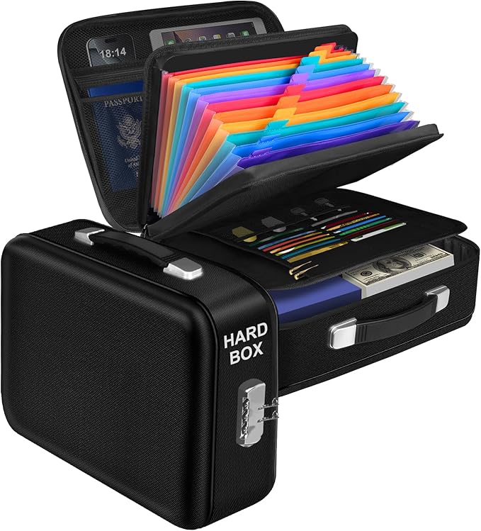 Fireproof Document Box, Hard Shell Fireproof Box, Document Organizer with Lock, Fireproof Water Resistant box, Portable Documents Safe Box for Important Document Certificates, Laptop, Passports, Black