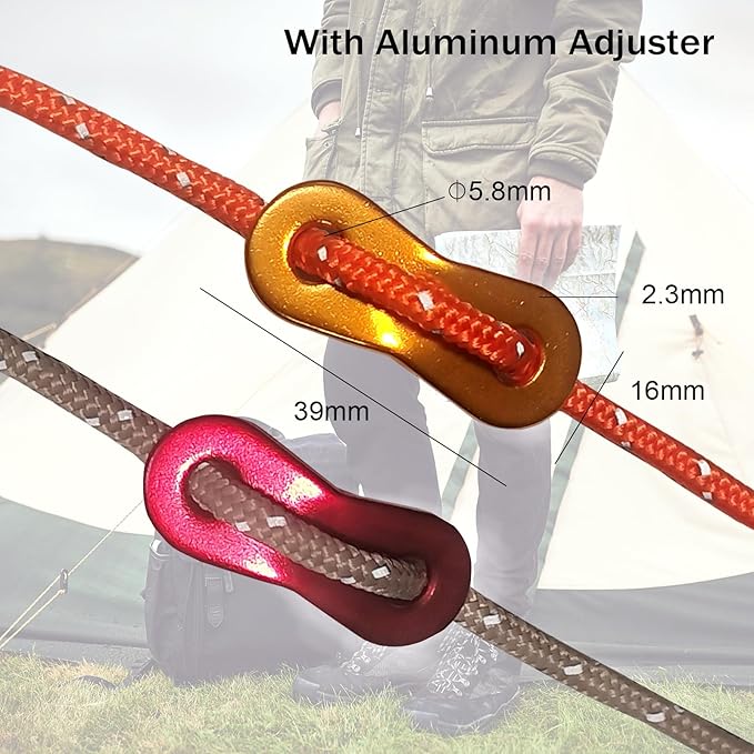 8 Pack High-Reflective Guy Lines 4mm Tent Cords High-Strength Lightweight Camp Ropes with Aluminum Adjuster Tensioner for Tent, Tying Down Tarps, Camping, Outdoor Packaging (Khaki)