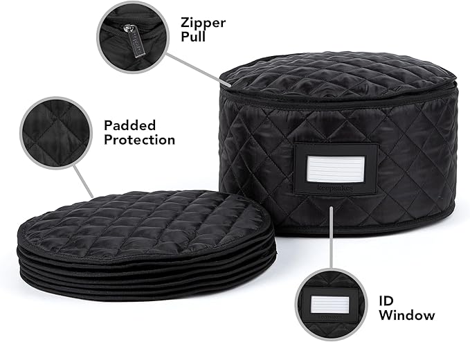 Covermates Keepsakes - Dish Storage - Padded Protection - ID Window - Stain Resistant - Machine Washable - China Storage, Black